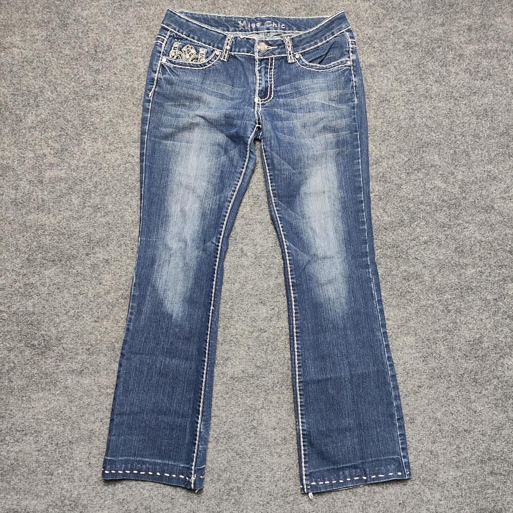 Miss Chic Jeans Juniors 9 Medium Wash Blue Mid Rise Bootcut Rhinestone Denim
